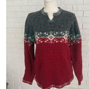 Woolrich Fair Isle Sweater Women M Red Excellent Lambswool Blend 9656 Clasp Neck